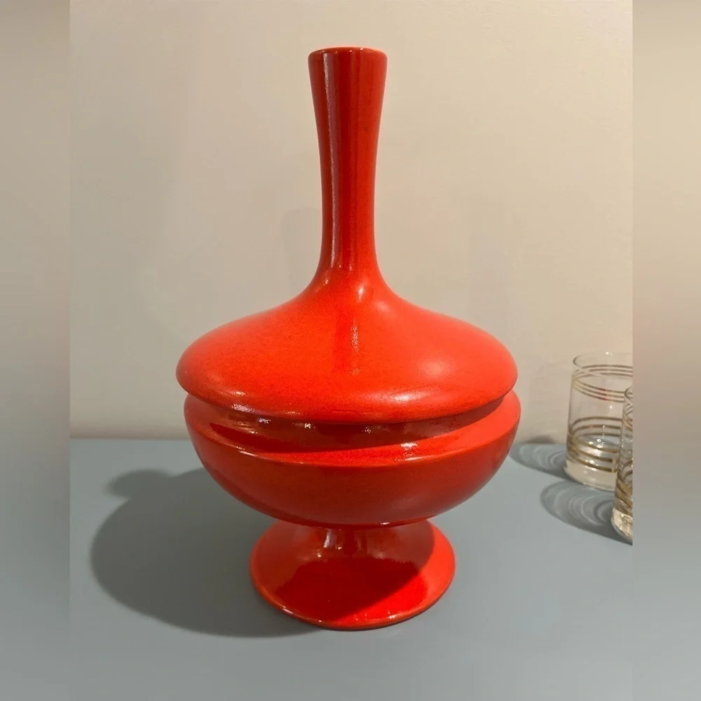 MCM Global Views Begonia Red 12” Tall 2 Piece Candy Hiding Dish Vase Home Decor